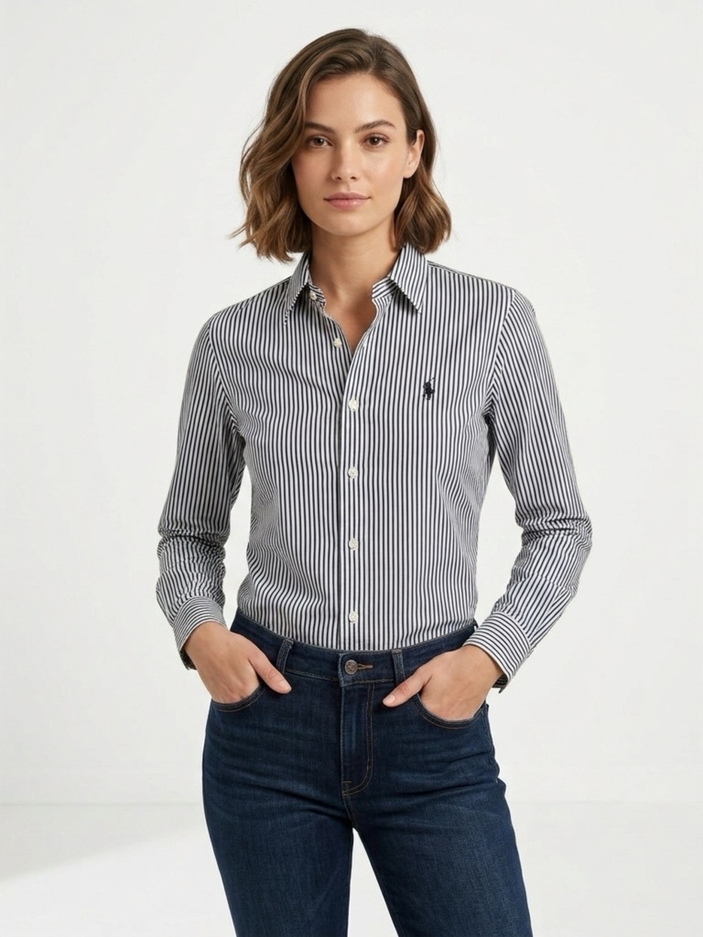 Polo Ralph Lauren Sz 4 Black White Stripe Custom Fit Shirt Classic Preppy Luxury
